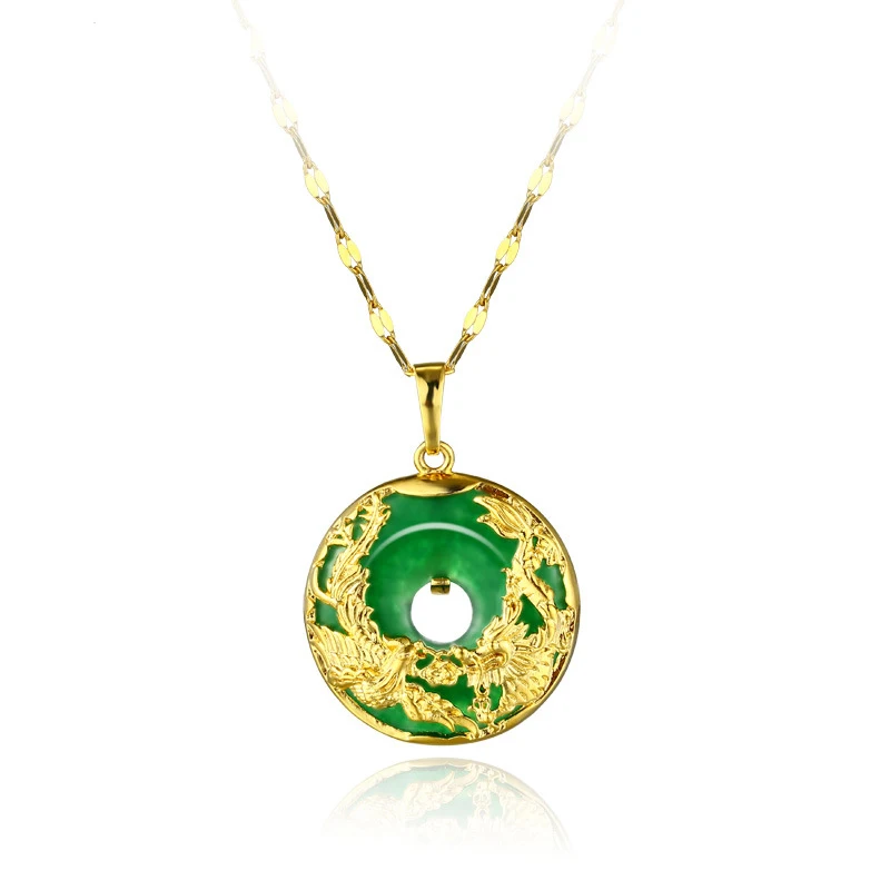 

Luxury malaysian jade dragon and phoenix pendant necklace female fashion emerald necklace xuping jewelry, Gold