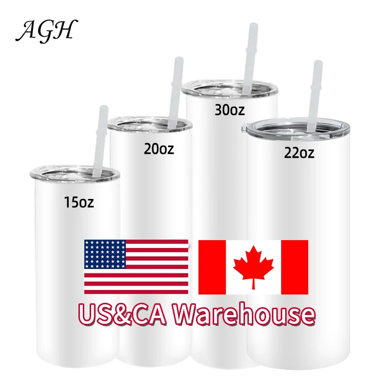 

AGH US CA Warehouse 20oz 30oz Sublimation Blank Straight Skinny Stainless Steel Tumbler With Strawl and lids