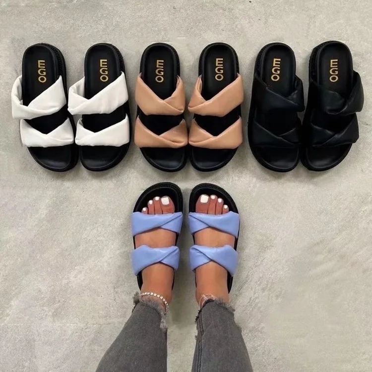 

2021 summer fashion Roman style word belt simple sandals open toe flat thick bottom casual lazy beach women's sandals