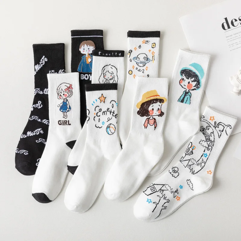

High Quality Summer Autumn Crew Socks Custom Logo INS Style Black White Men/Women Socks 100% Comb Cotton, White, black accept custom