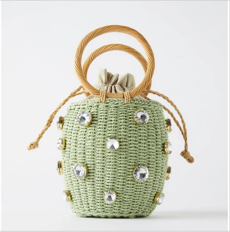 

2021 New cylindrical fashion handbag bucket bag handmade rattan weave diamond bags straw beach bags