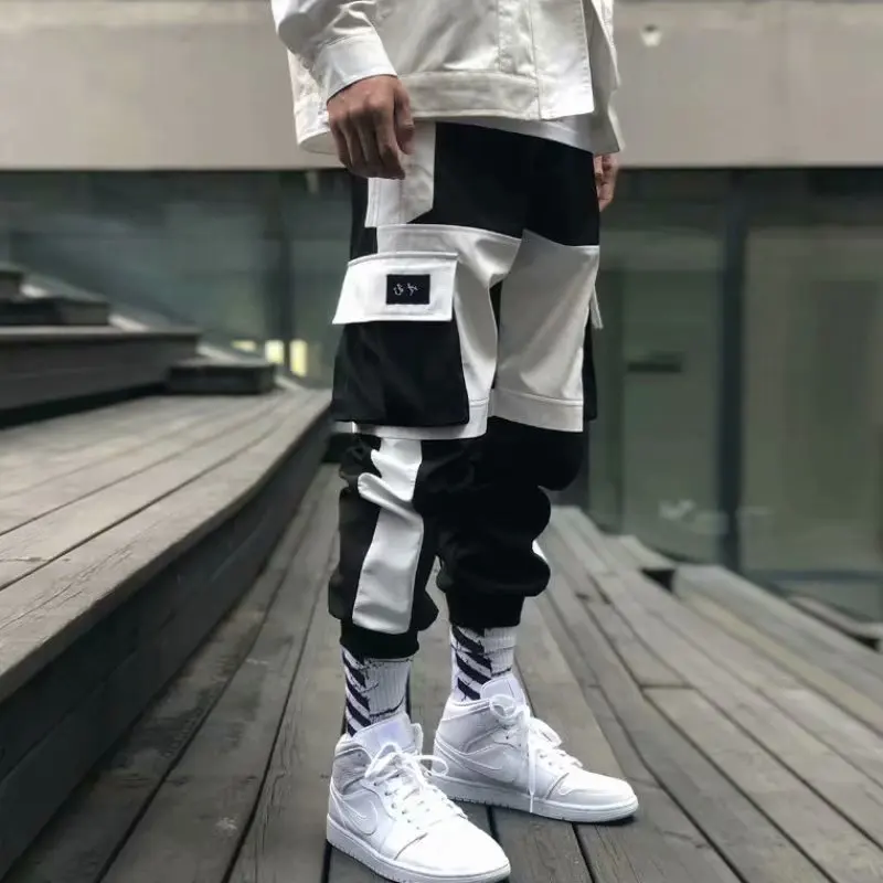 

2021 New Design Summer Cargo Pants Loose Men Trousers Drawstring Multi Pocket Sports Hip Hop Sweatpants Fashion Jogger Pants, Black,white