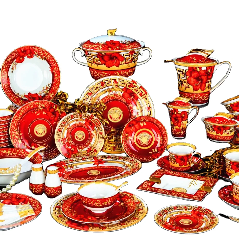

Rose Design Porcelain Dinnerware Sets Hand Painting Fine Bone China Dinner Sets, Gold and white