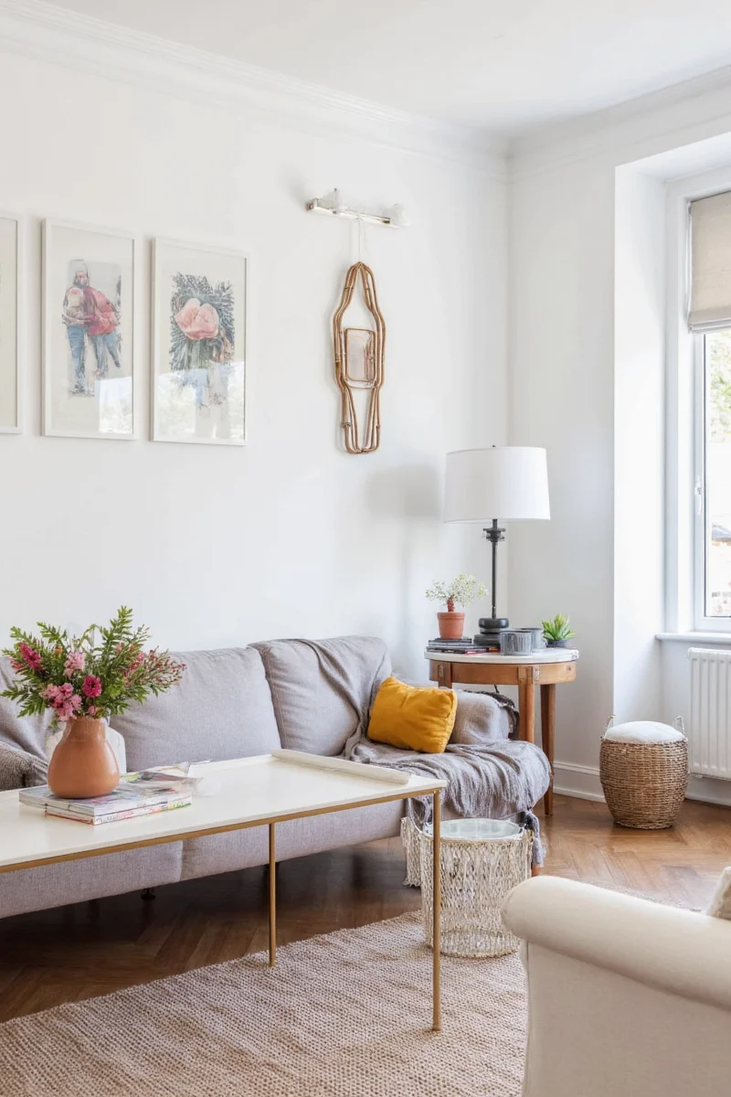 Modular L-shaped sofa setup with ottoman and side tables