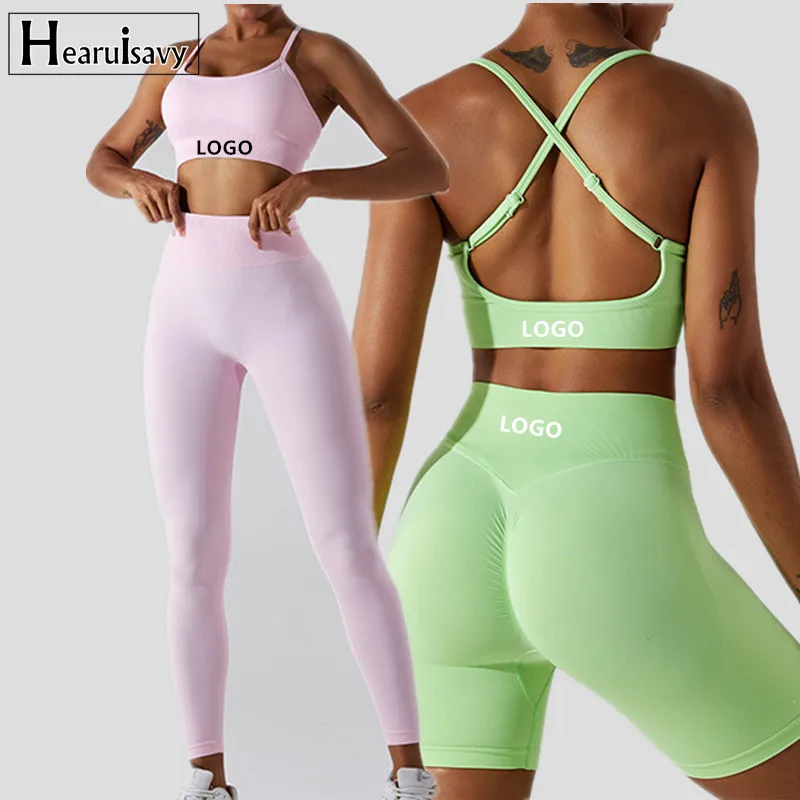 

Wholesale Seamless Rib Sportswear 3 Piece Suit Seamless Breathable Women Clothing Gym Fitness Sets Sports Bra Leggings Yoga Set