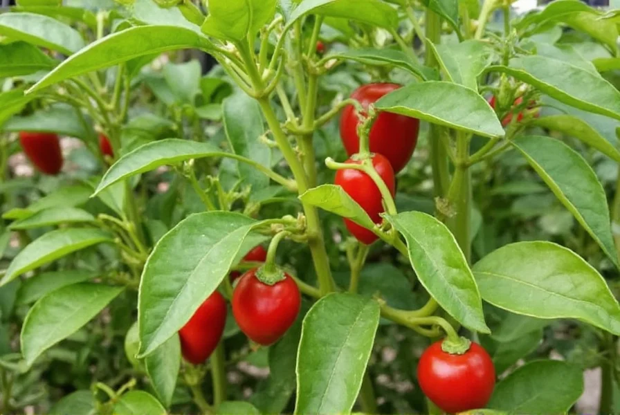 Healthy red serrano pepper plants growing in garden with mature peppers visible