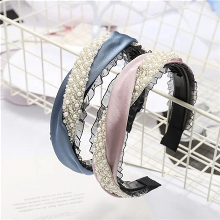 

Lace Pearl Headband Stitching Cross Fabric Hair Band, Picture