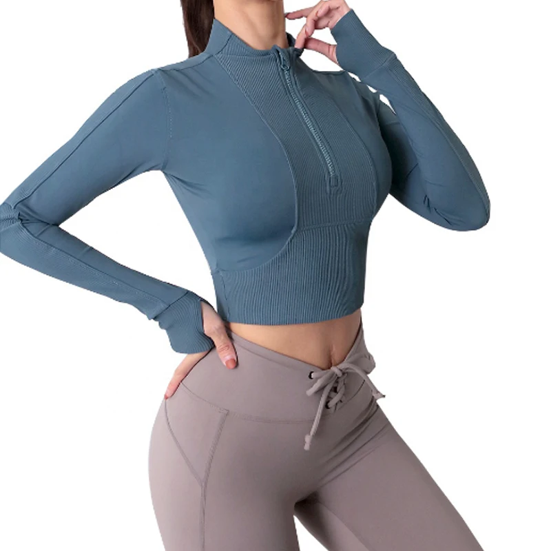 

New Listing Gym Wear Yoga Crop Tops Women Logng Sleeve Fitness Half Zipper Yoga Clothing Women Silm Gym Tops, Customized colors