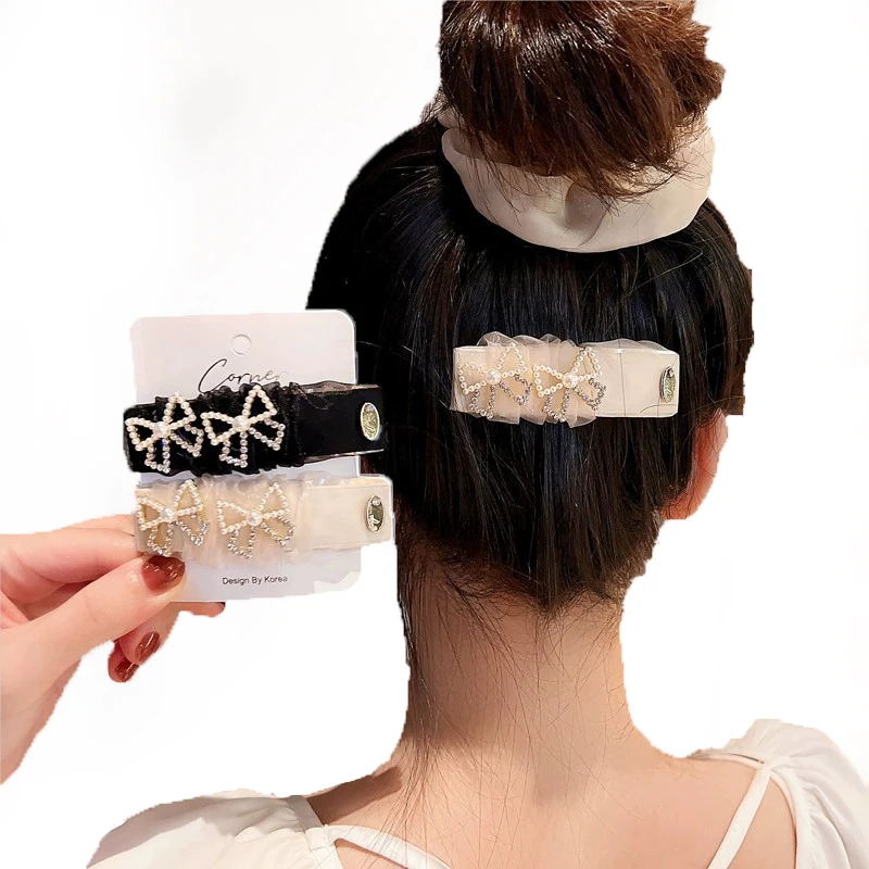 

MIO wholesale cheap mixed lovely pearl bow hair clip mesh black white hairpins for girls women shinning rhinestones