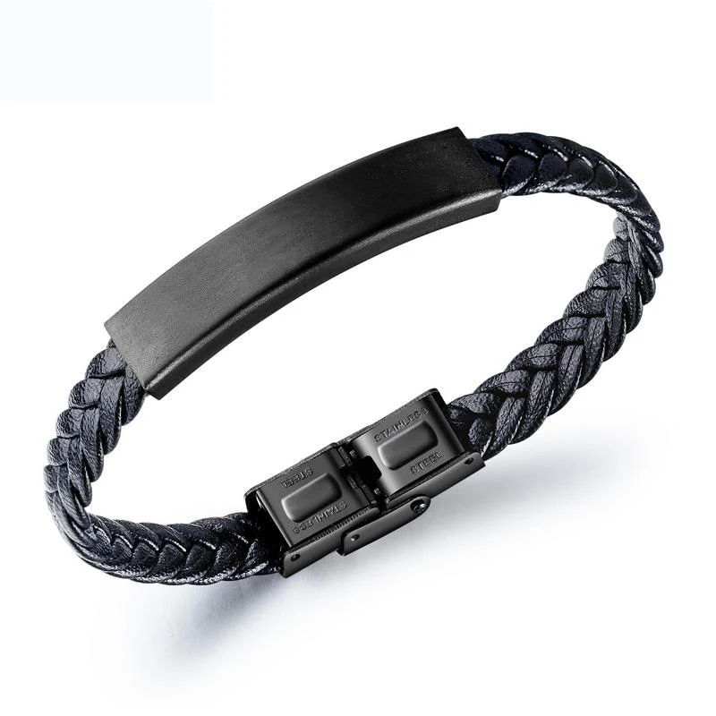 

Unique Sew Lines Genuine Leather Personalize Stainless Steel Bar Engrave Bracelet for Men, Black