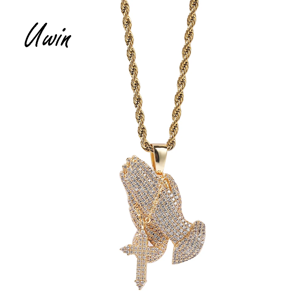 

Wholesale Hip Hop CZ prayer hand Pendant Rapper Jewelries Ready to Ship Bluk Necklace