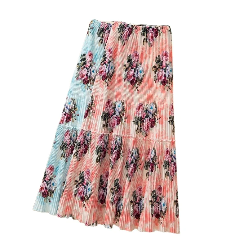 

2021 Summer New European and American Fashion Elegant Pleated Skirt Digital Printing Floral Patchwork Long Dress