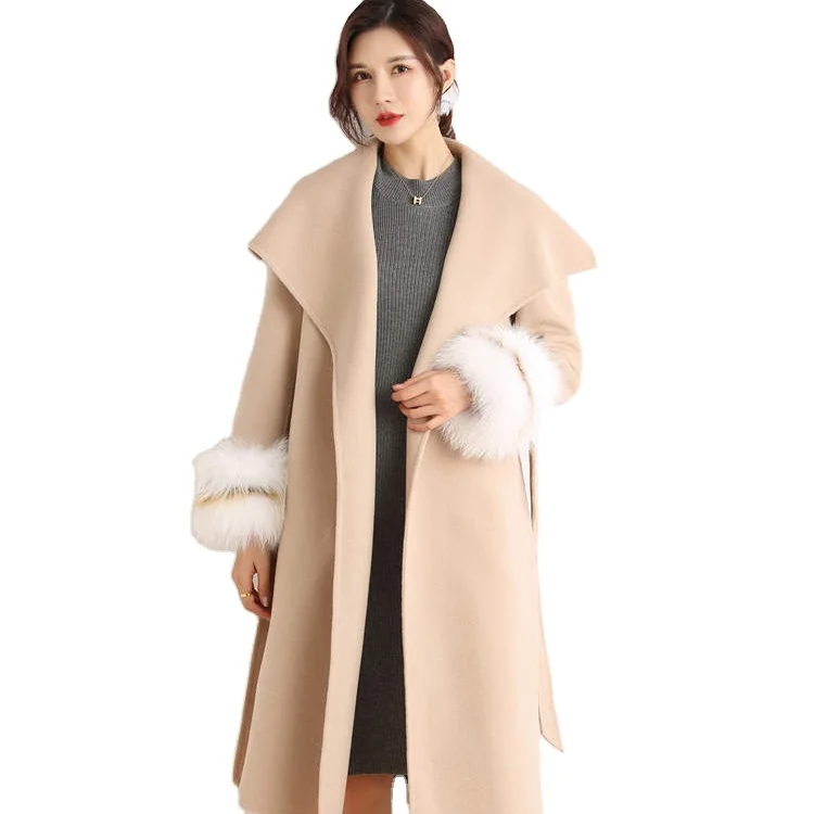 

2020 fall and winter fashion women coats double breasted faced wool coat Korean long trench coat, Camel white