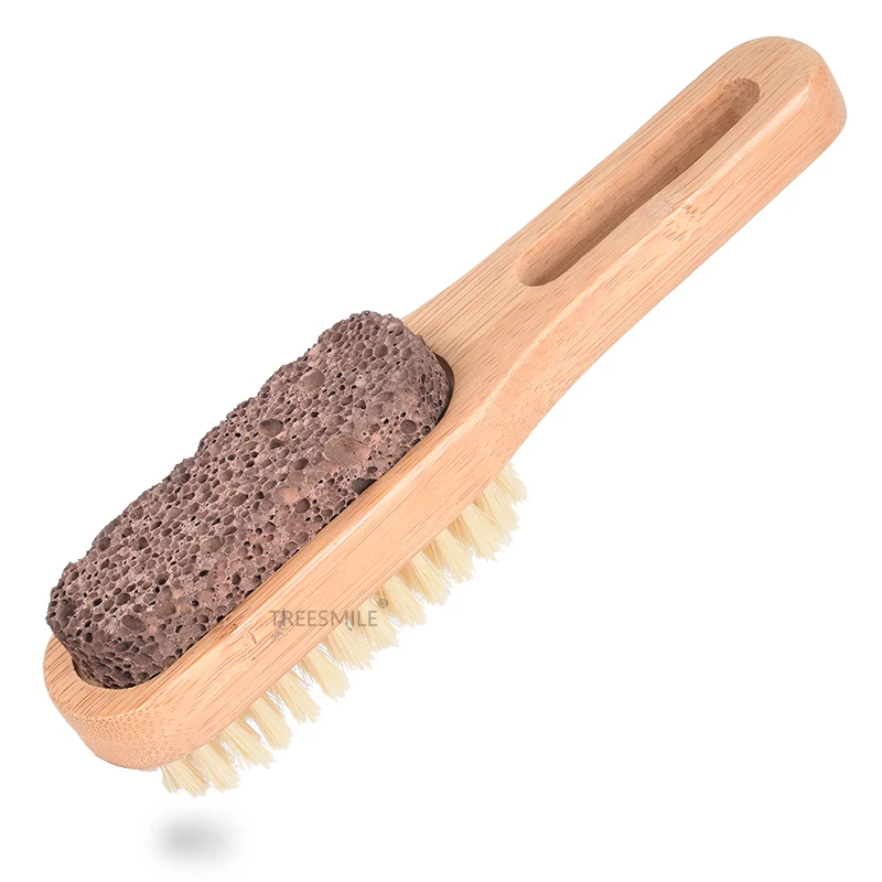 

Foot Natural Bristle Brush & Pumice Stone Combo bamboo handle Exfoliate Pedicures Calluses Remover for Massage spa Treesmile OEM, Bamboo color and volcanic (natural)