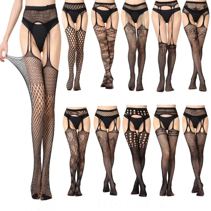 

Women Sexy Lingerie With Garter And Stockings Black Fishnet Lace Soft Top Thigh High Stocking + Suspender Garter Belt Lingerie