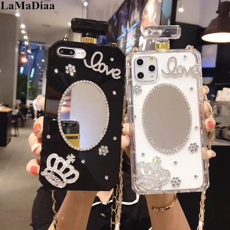 

Bling Diamond Perfume Bottle Phone Case For iPhone 12 Pro Max XS MAX XR Back Cover With Keychain