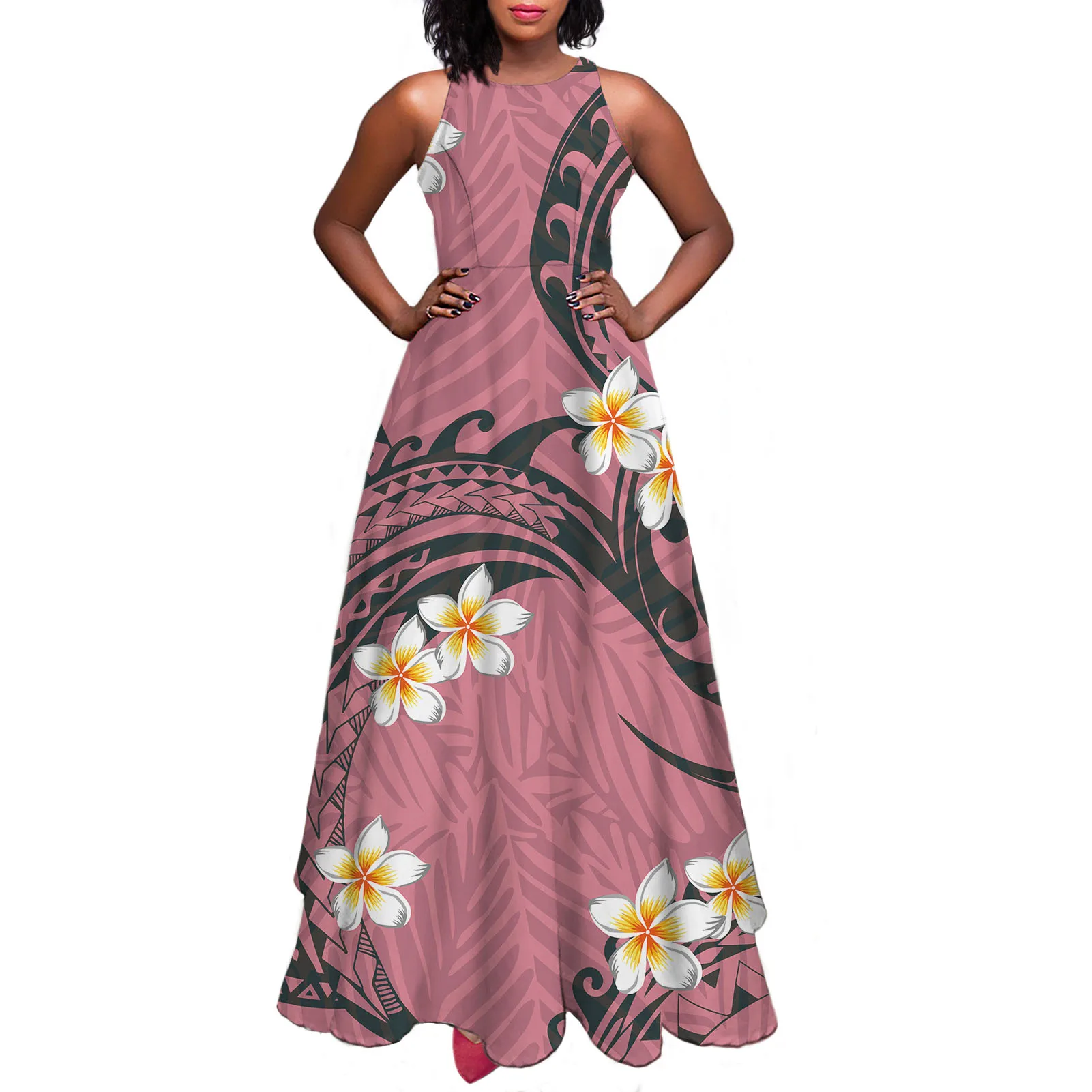 

Polynesian Samoan Tribal Plumeria Pink Design Women Evening Dresses Elegant Crewneck Sleeveless Casual Party Club Maxi Dress, Customized color