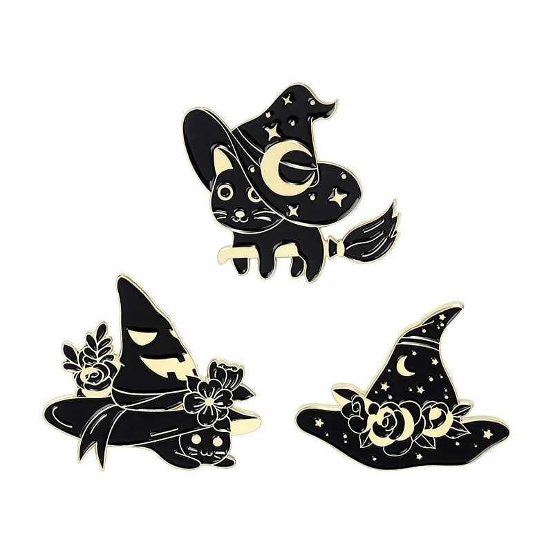 

Witch Cats Enamel Pin Starry Wizard Hat Brooch Bag Clothes Lapel Pin Gothic Badge Witchcraft Jewelry Gift Friends Halloween Pins