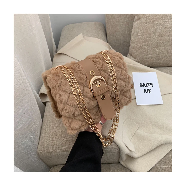 

Winter Fashion Designer Faux Fur Shoulder Bag Lady Chains Embroidery Thread Lock Crossbody Bag Women Soft Plush Messenger Bag