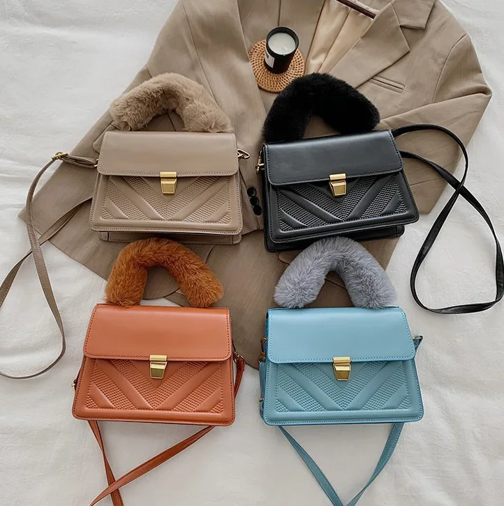 

Vintage Trendy Women's Fluffy Fur Handle Chain Bag Ladies Custom Purses and Handbags, Customizable