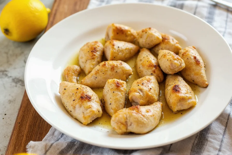 Perfectly seared lemon black pepper chicken with visible black pepper crust and glossy lemon sauce in wok