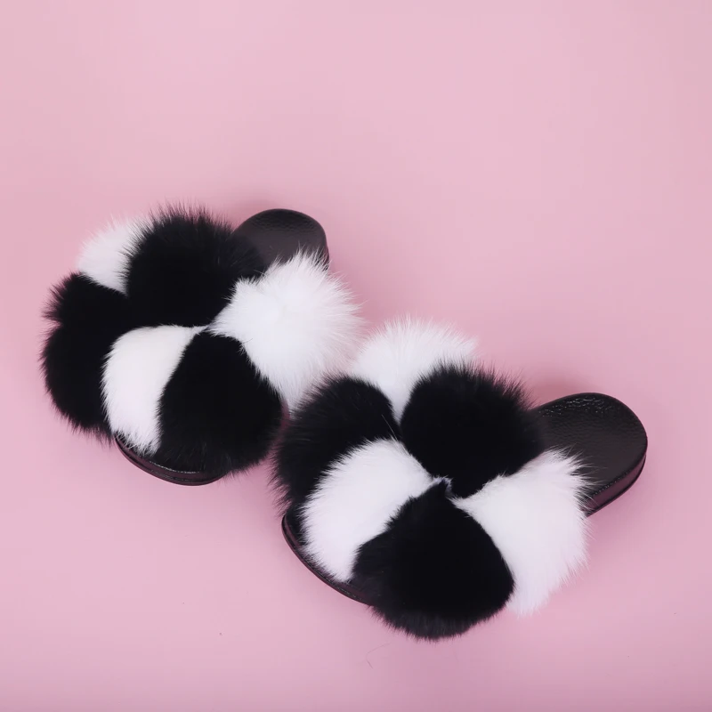 

Pandaer Women's Real Fox Fur Slides Cute Slippers Indoor or Outdoor Comfortable Slide Sandals with Fluffy Fur and Sole, Mix color