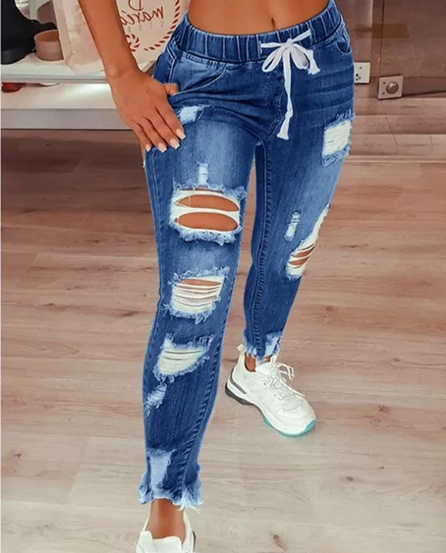 

ZS New Arrivals Fashion Skinny Light Blue Denim Pants Ripped Distressed Plus Size Women Jeans