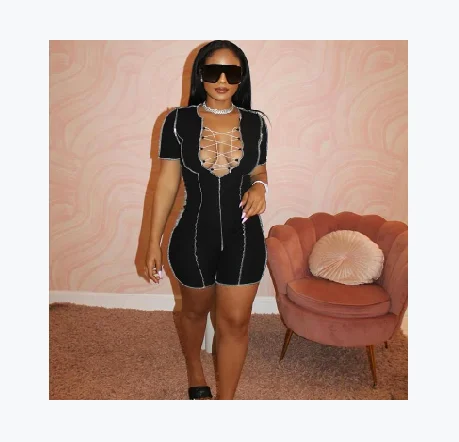 

AYP1042 Deep V-Neck Patchwork Bandage Bodysuits For Women Women Jumpsuit 2021