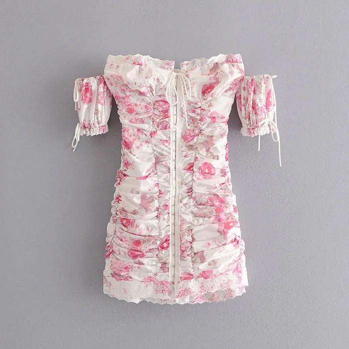 

qz057 Summer Chic Pink Floral Wrinkle Slim Waist Off-Shoulder Sexy Dress Ladies Beach Holiday Bodycon Dresses Vestido Clothing