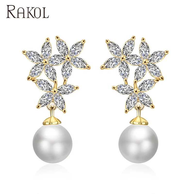 

RAKOL EP2386 Dangle pearl earrings 2020 Newest real gold plated cubic zirconia earrings jewelry, Picture shows