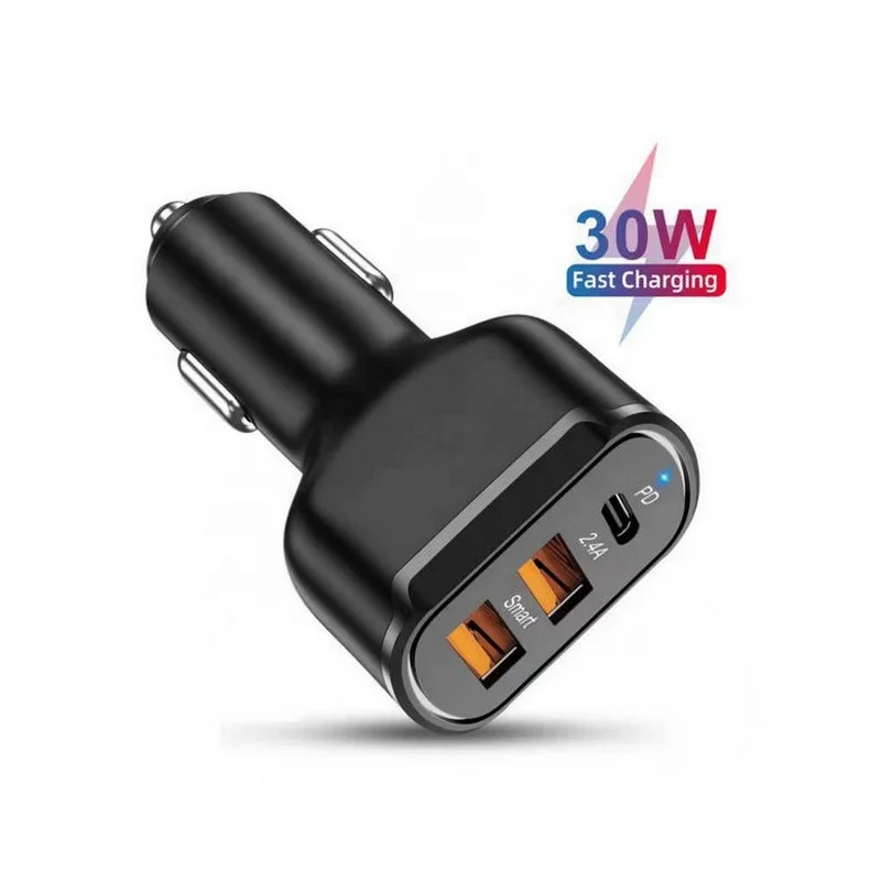 

Smart IC 3 Port 30W Quick Car Charging Dual USB 2 Ports 4.8A Car USB Charger PD Type-C 18W Fast Car Charger For Mobile Phones, Black