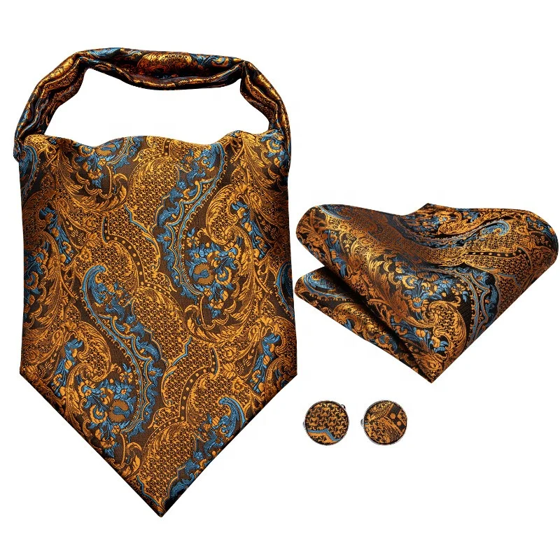 

2020 LELE Luxury Fashion Gold Blue Woven Flower Ascot Tie Cravat 100% Silk Tie for Men