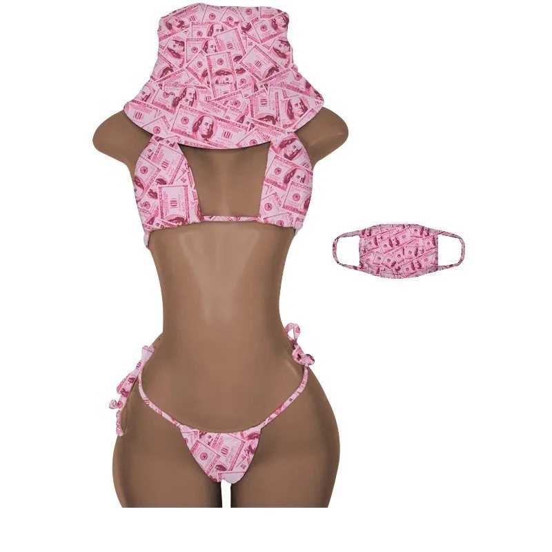 

2021 plus size money bikinis woman designer inspired swimwear match bucket hat custom logo swimwear sexy bikini