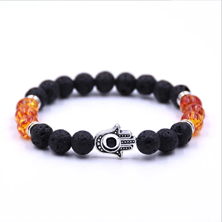 

Unique Black Volcanic Lava Stone Hand Palm Eyes Beaded Bracelets Bangles Unisex Natural Stone Beaded Chain Vintage Jewelry Gifts, Picture shows