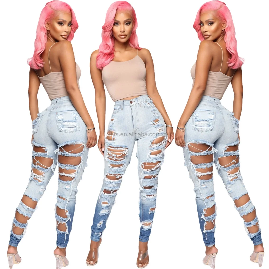 

J&H fashion hollow out denim leggings women sexy ripped jeans two tone color chic trousers club wear, 1 color as picture