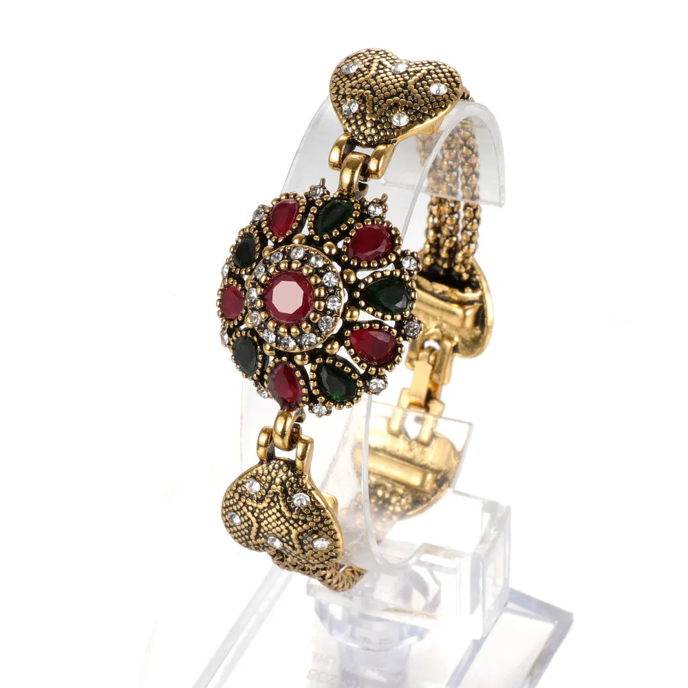 

VRIUA Retro Gold silver color women vintage bracelet turkish flower metal charm wrist chain ethnic wedding jewelry