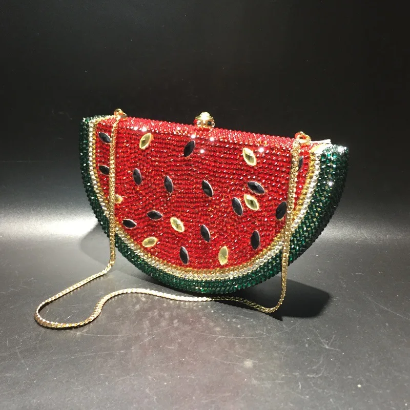 

High Quality Watermelon Crystal Diamond Women Bags Handbags Bling Evening Party Hand Bag With Chain For Women, As pictures