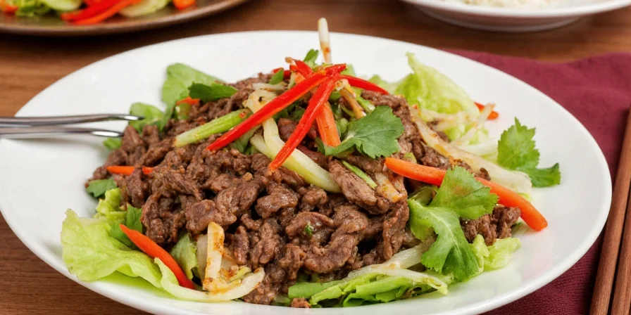Fresh Thai spicy beef salad on colorful plate