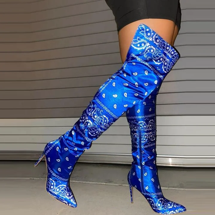 

2020 New Product Blue Printed Point Toe Bandala Over the Knee Super High Heel Fashion Boots Shoes And Handbags Set For Women, Red black blue