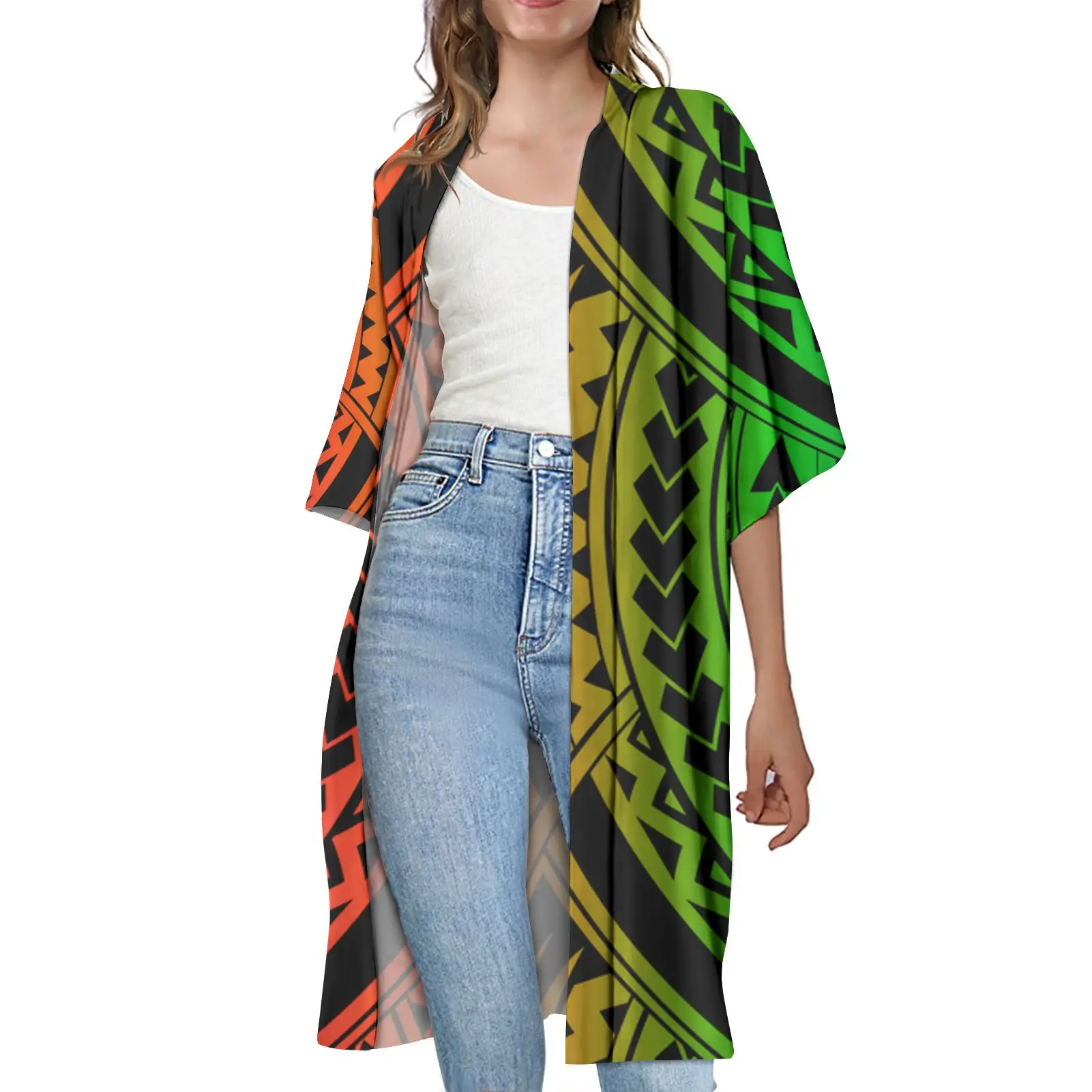 

Summer Clothes for Women 2021 Hawaii Polynesian Tribal Triangle Print Long Cardigan Plus Size Half Sleeve Women's Cardigans, Customized color