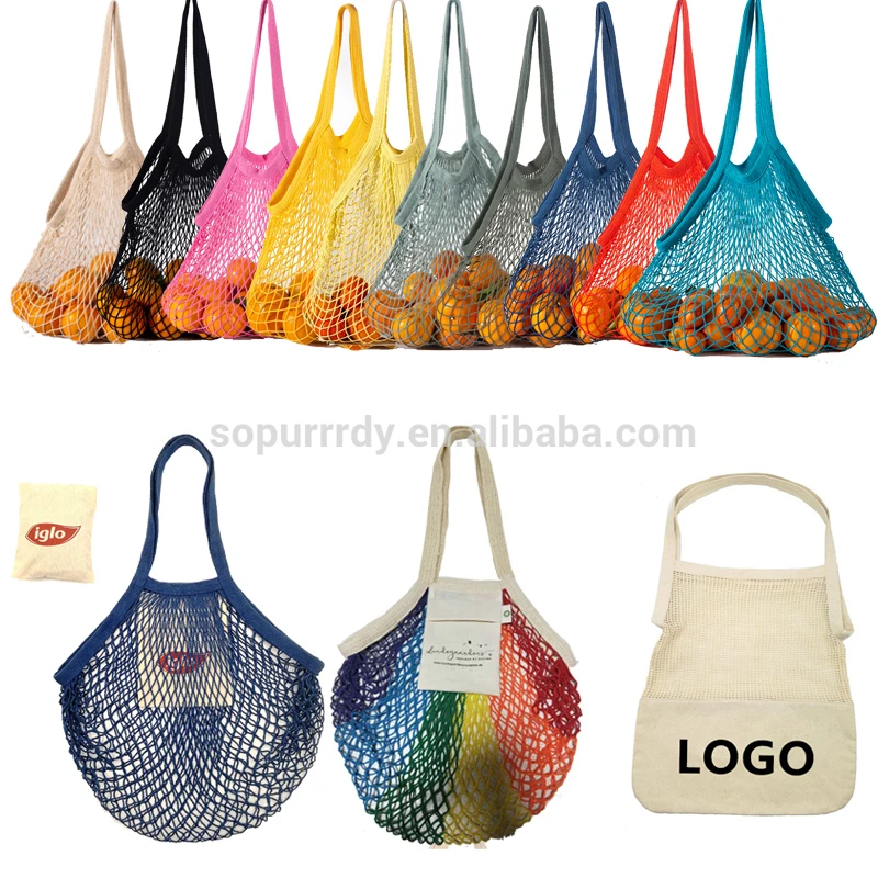 

Sopurrrdy eco friendly custom logo reusable foldable 100% cotton mesh net bag long handle shopping tote bag for foods, Beige, red, yellow, pink, black, etc or customize