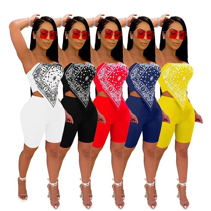 

Hot Sales Bandana Tube Top and Shorts Sets Two Piece Ladies Club Wear Sexy Summer 2 Piece Set Women