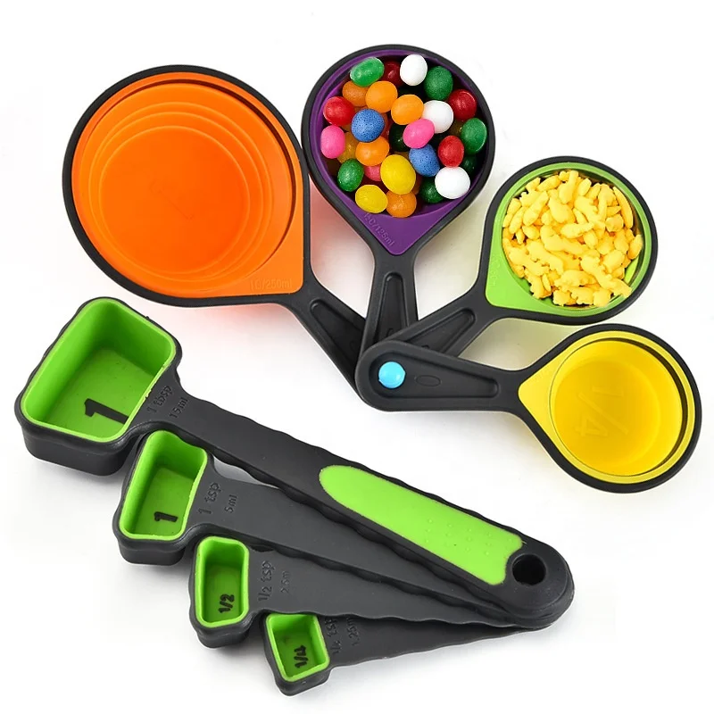 

Food Grade Colorful 8 Piece Silicone Collapsible Measuring Cups And Measuring Spoons Set Kitchen Measuring Tool, Purple, red, green, yellow