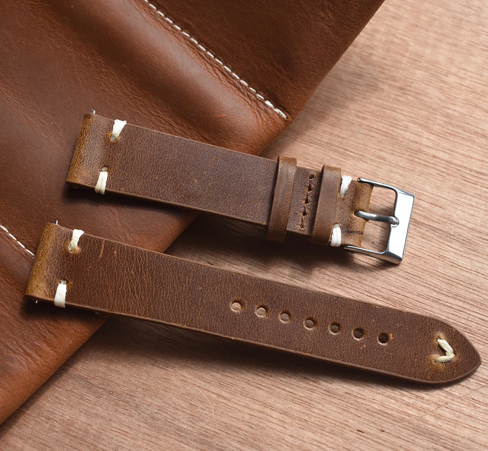 

Vintage style genuine leather watchbands with metal buckle clasp full grain leather cuff watch straps 20mm 22mm, As picture