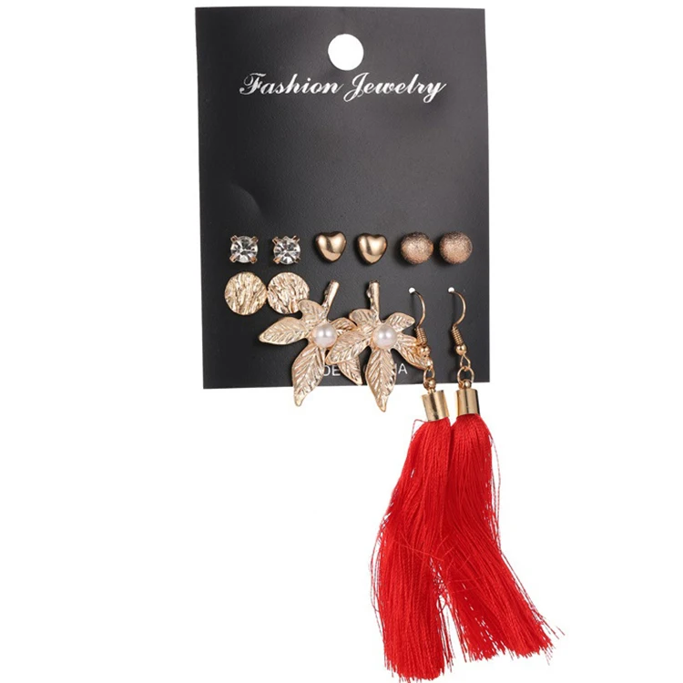 

Boutique Trendy Long Drop Red Tassel Girls Ladies Gold Plated Tiny Ball Heart Flower Shaped Stud Earring Set Jewelry For Women, Color plated as shown