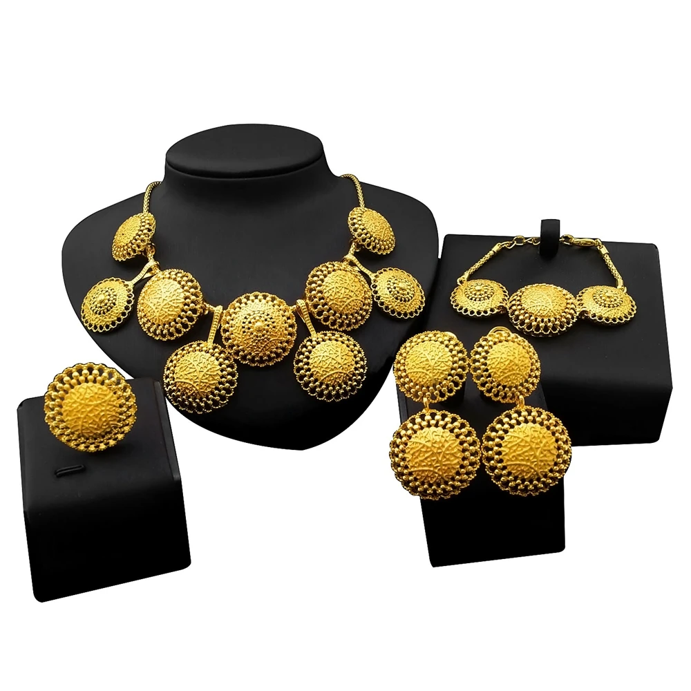 

Yulaili Hot Sale New Design 18K Italian Gold Jewelry Set Women's Gift Wedding Round Shape Necklace Earring Ring Jewellery Set