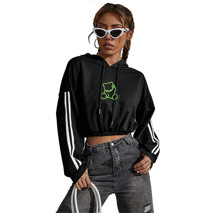 

2021 New Black Cartoon Bear Print Cropped Pullover Hoodies Sweatshirts, Picture color