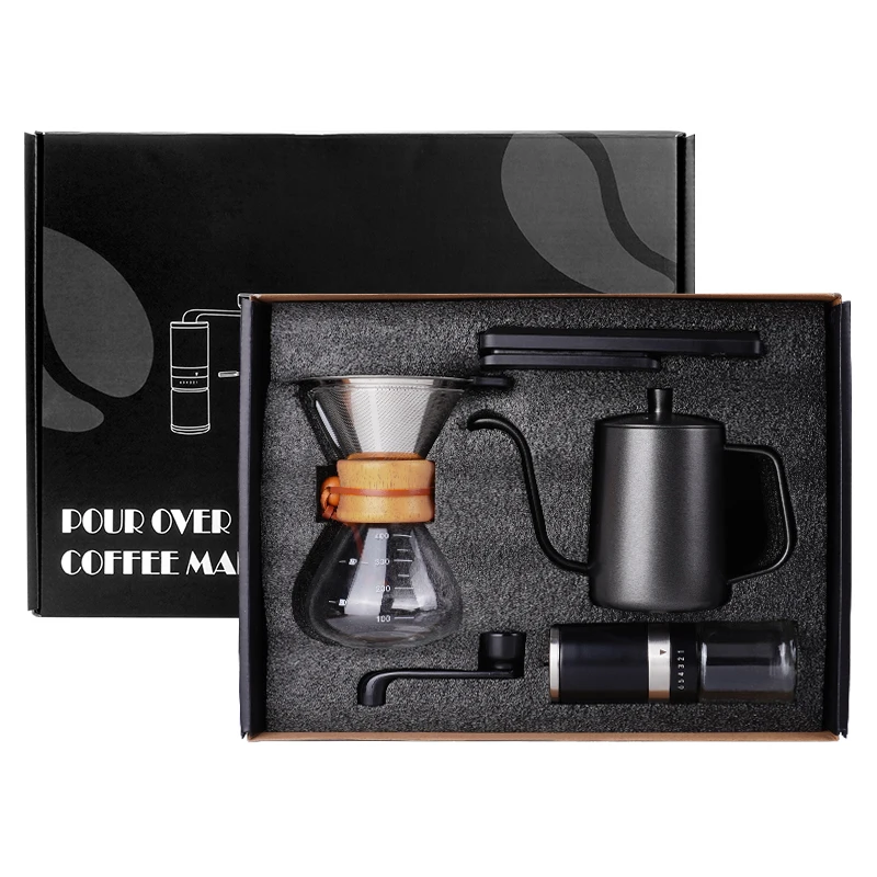 

Amazon Hot Sale V60 Coffee Maker Set Gift Outdoor Travel Manual Grinder Coffee Drip Pot Kettle Pour Over Coffee Set With Box, Customized