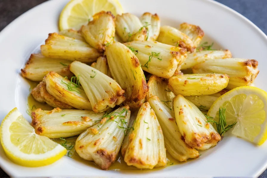 Colorful plate of roasted fennel wedges with caramelized edges, garnished with fresh fennel fronds and lemon slices