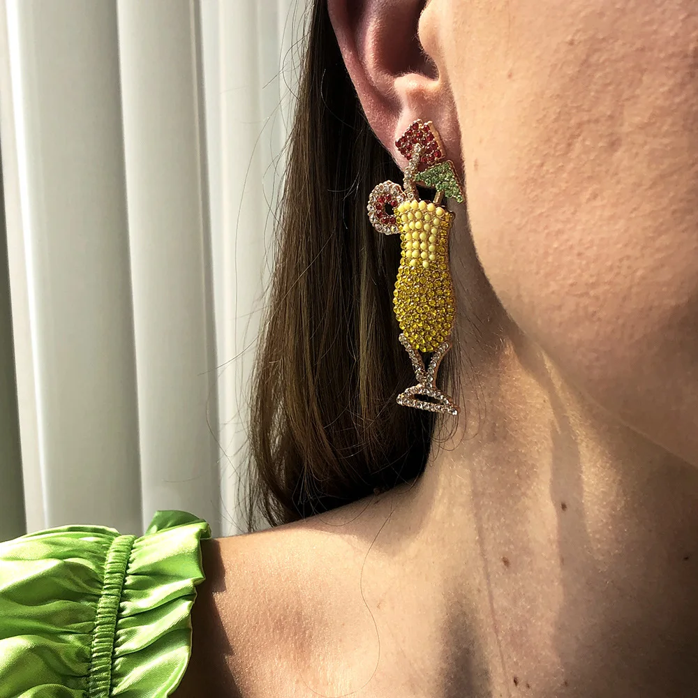 

Kaimei cross-border creative full diamond earrings geometric fruit cup summer retro gold pendant rhinestone fruit drop earrings, Many colors fyi